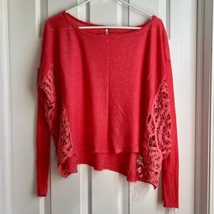 Free People Lightweight Crochet Sweater - Coral